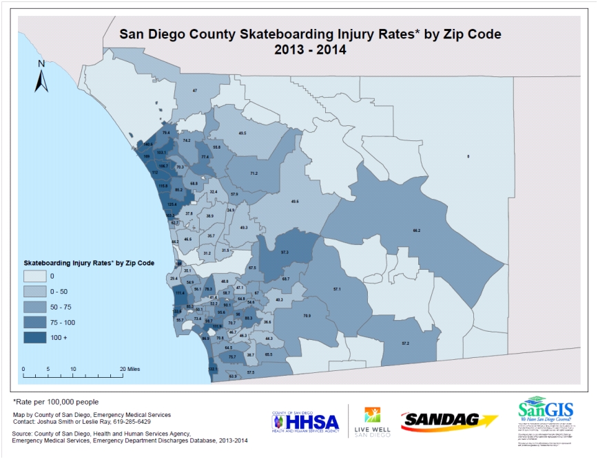 San Diego County Skateboarding Injury Rates by zip code 2013-2014